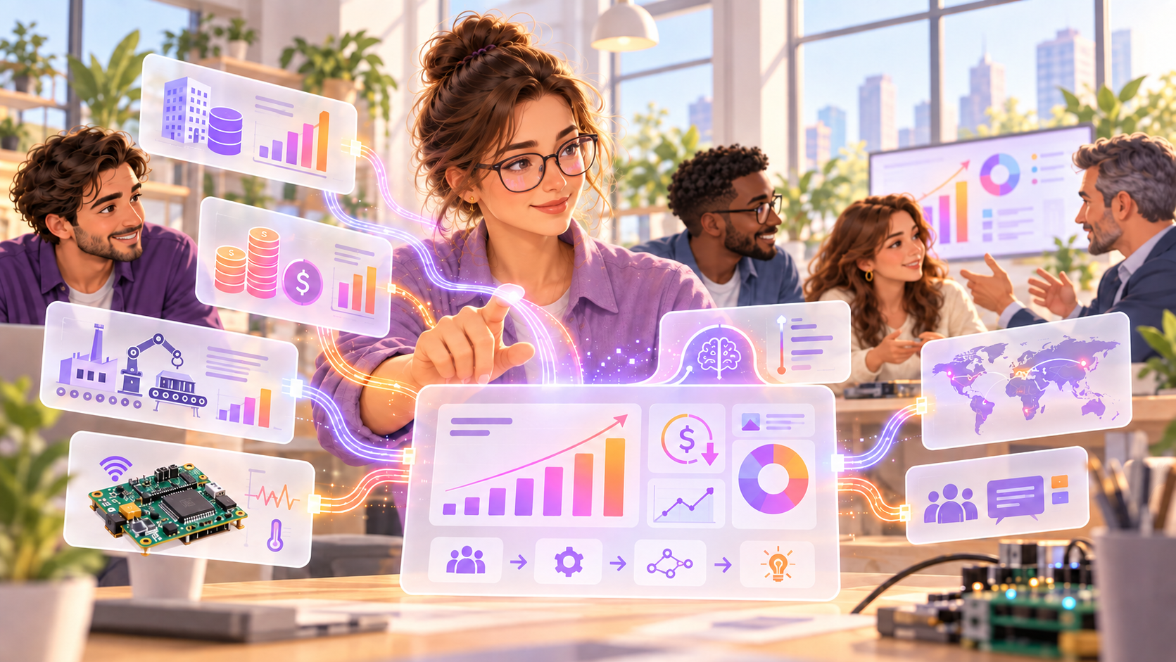 Illustration of a team connecting data from business systems, industrial equipment, and devices to shared dashboards and insights.